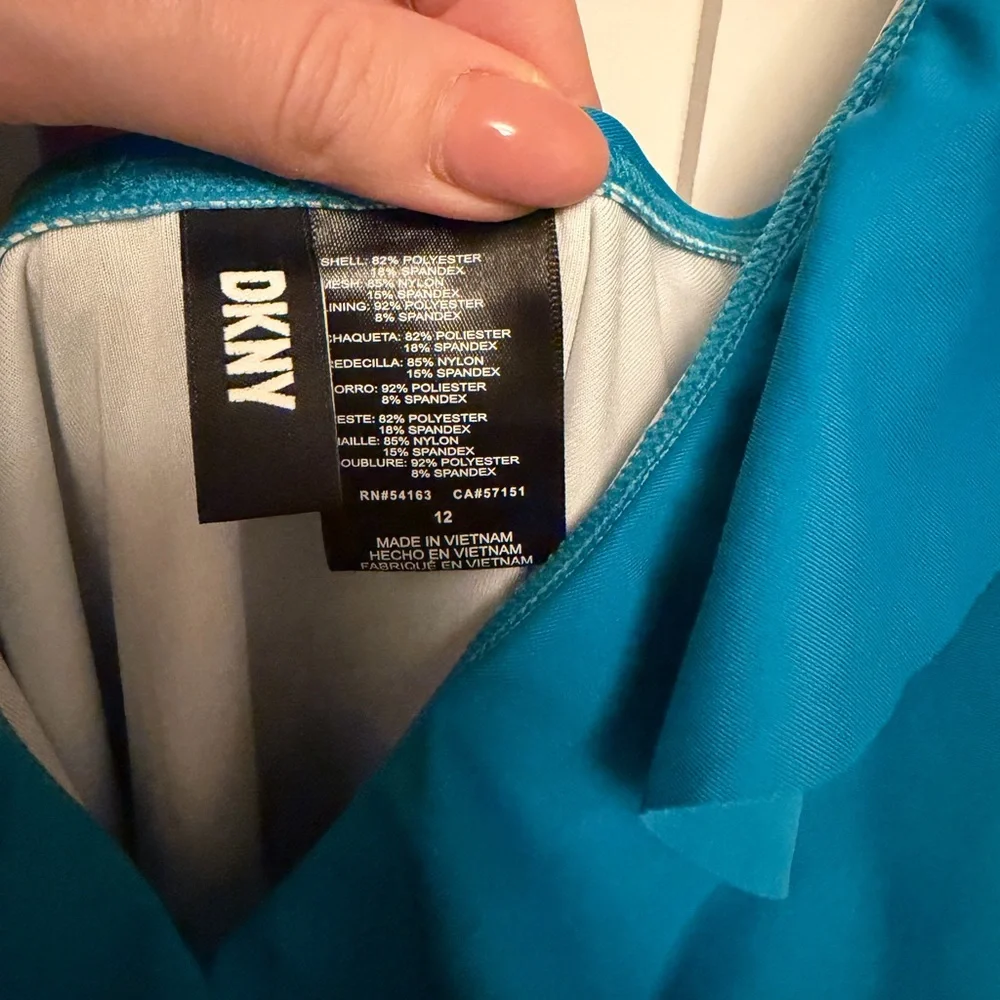DKNY Ruffle Plunge Underwire Tummy Control One-Piece Swimsuit Teal Size 12 - Picture 5 of 7